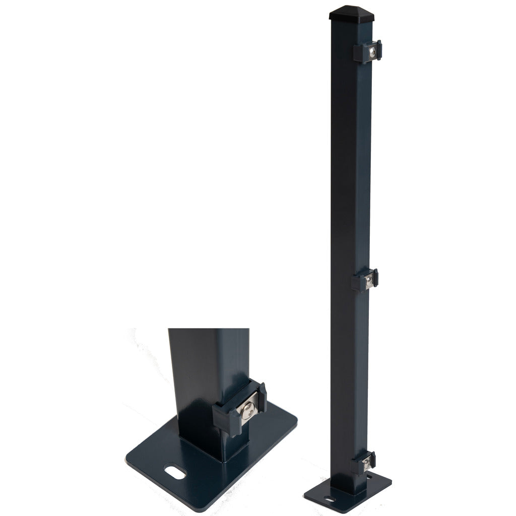 Standard fence post with welded dowel plate and point holder for double rod mats