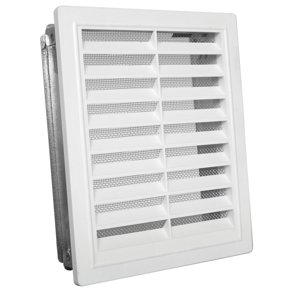Ventilation grille with fly screen and installation frame