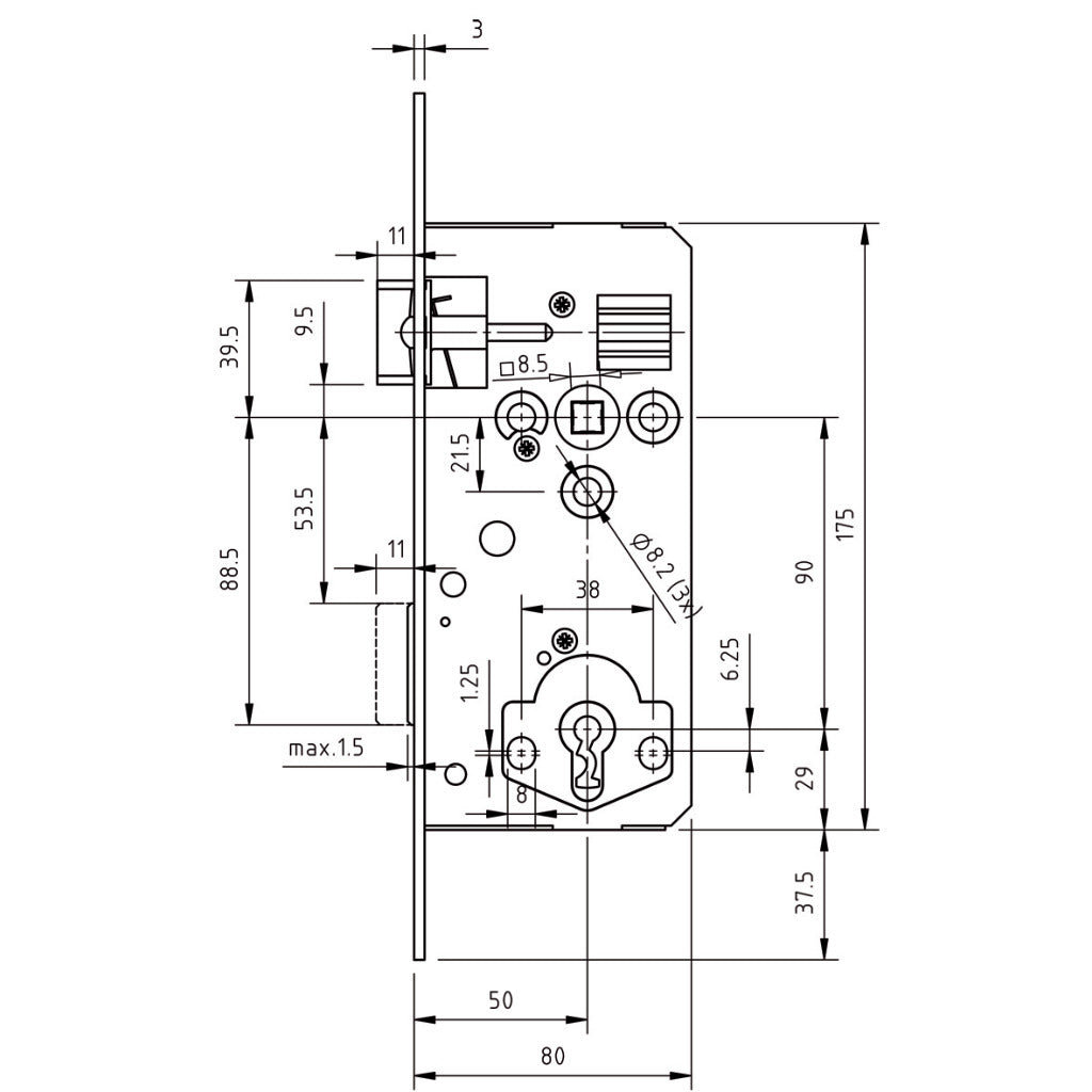 Mortise lock plastic latch - black