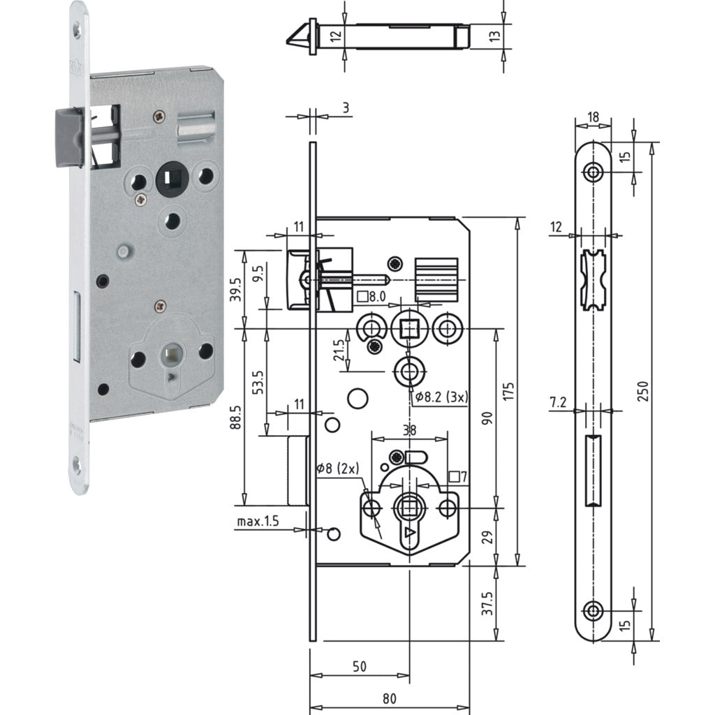 Mortise lock ERGO series decorative silver