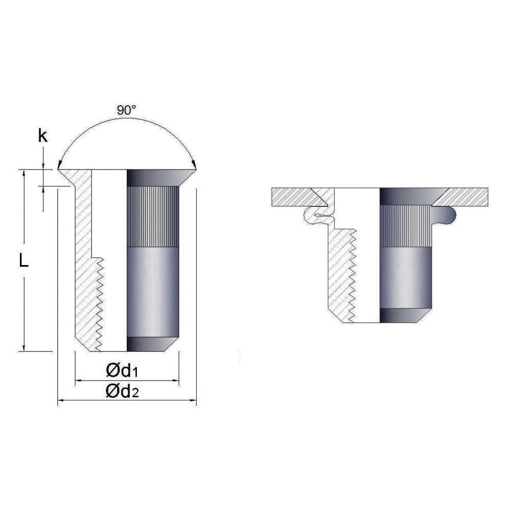 Blind rivet nut countersunk head knurled steel