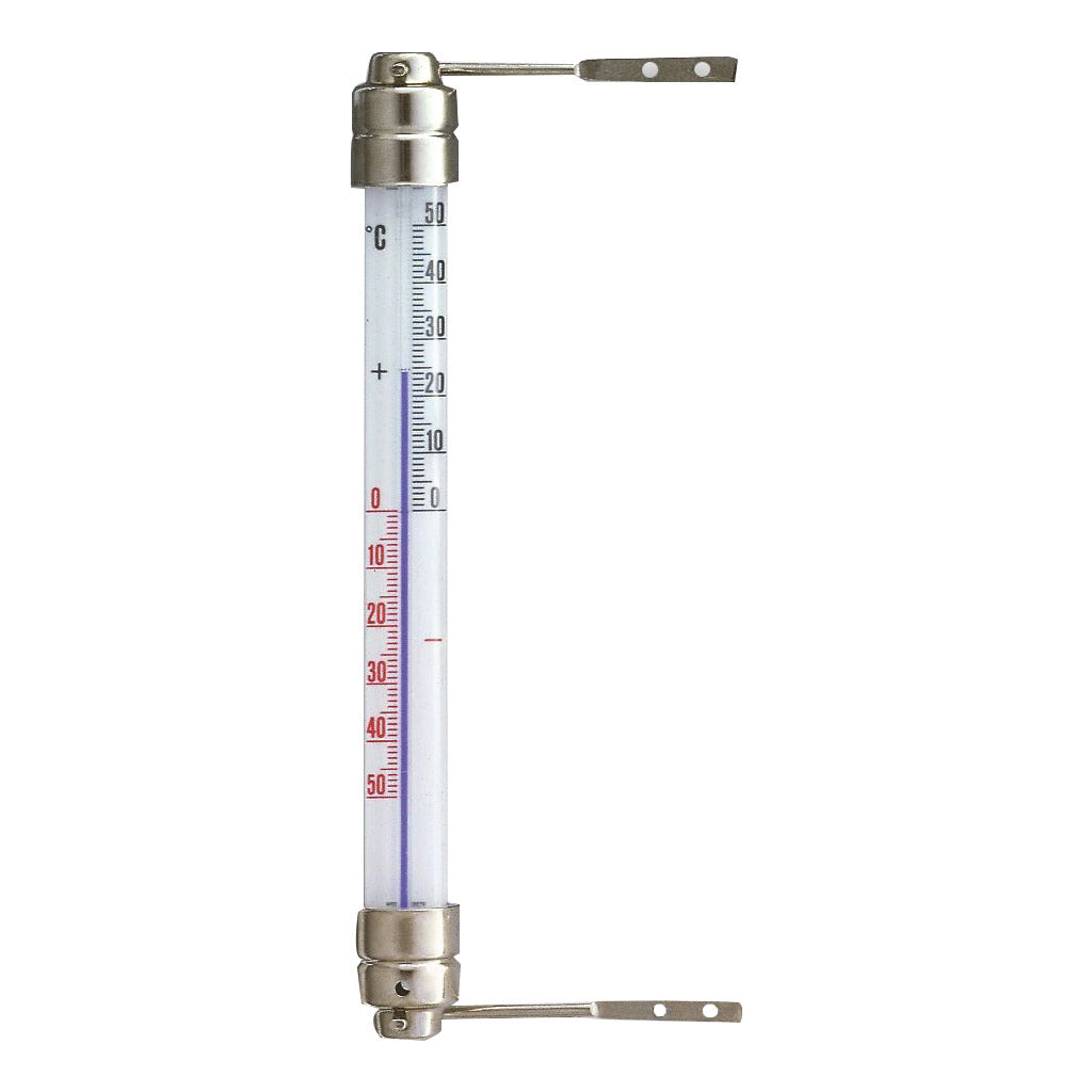 Analogue window thermometer with metal holder