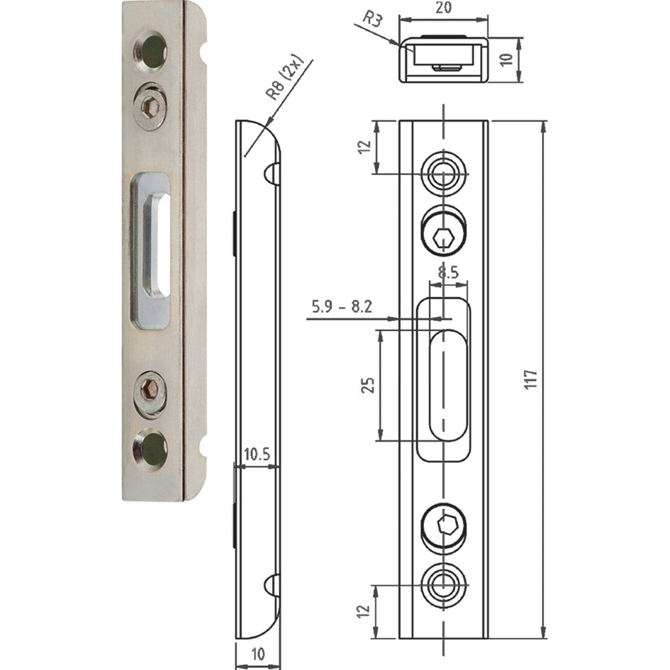 Tubular steel strike plate 124.SB.BO.VS.20.4.DS for multi-point locking 124.MFV