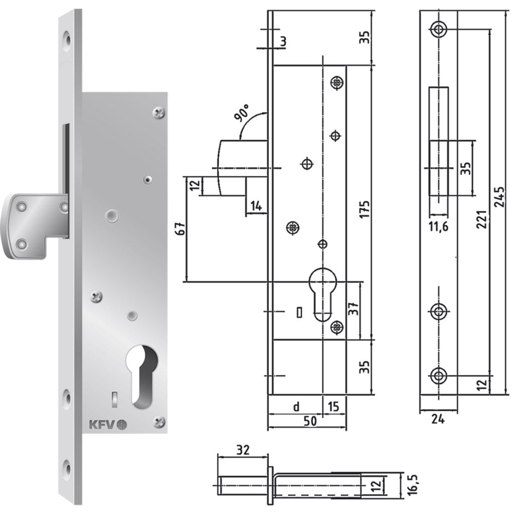 Mortise hook swing bolt lock KFV 36 for tubular frame doors
