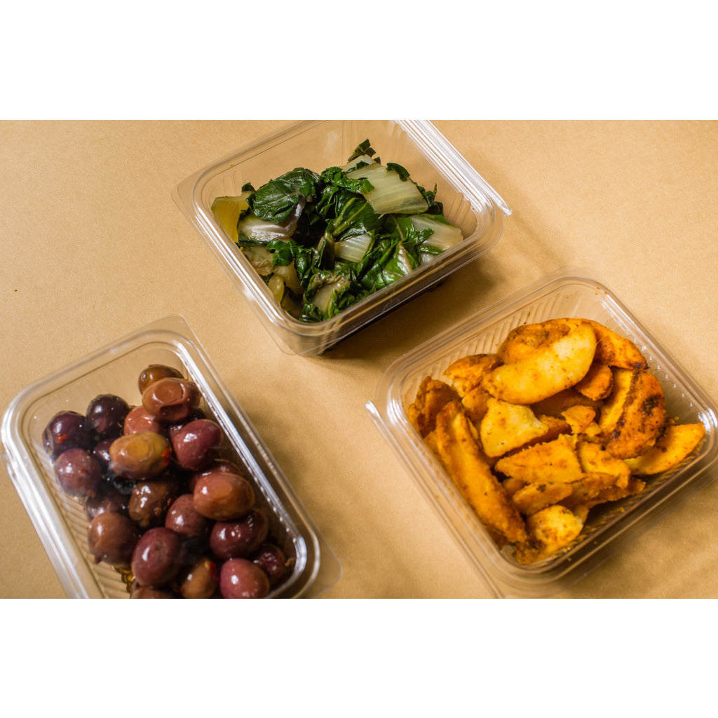 Square food container with hinged lid