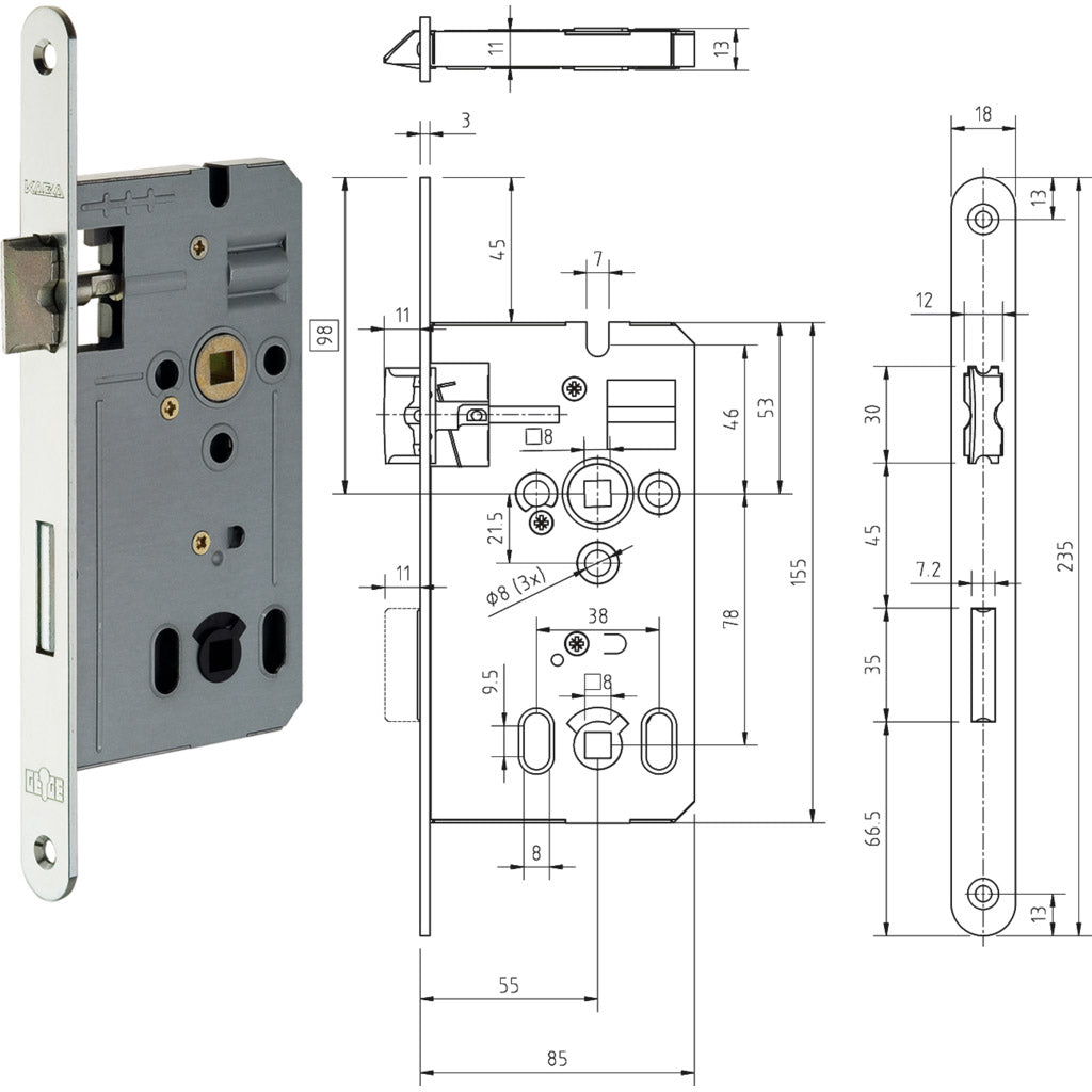 DIN standard mortise lock series 170 decorative silver