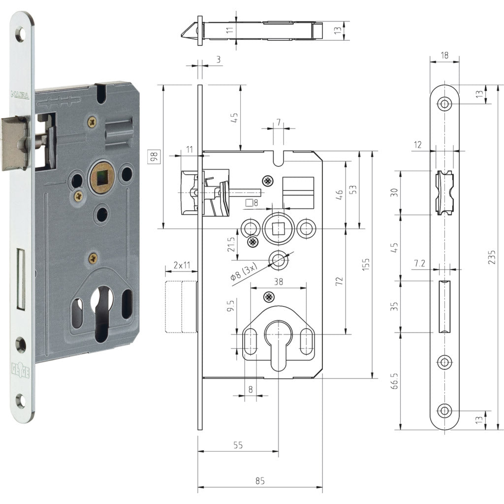 DIN standard mortise lock series 170 decorative silver
