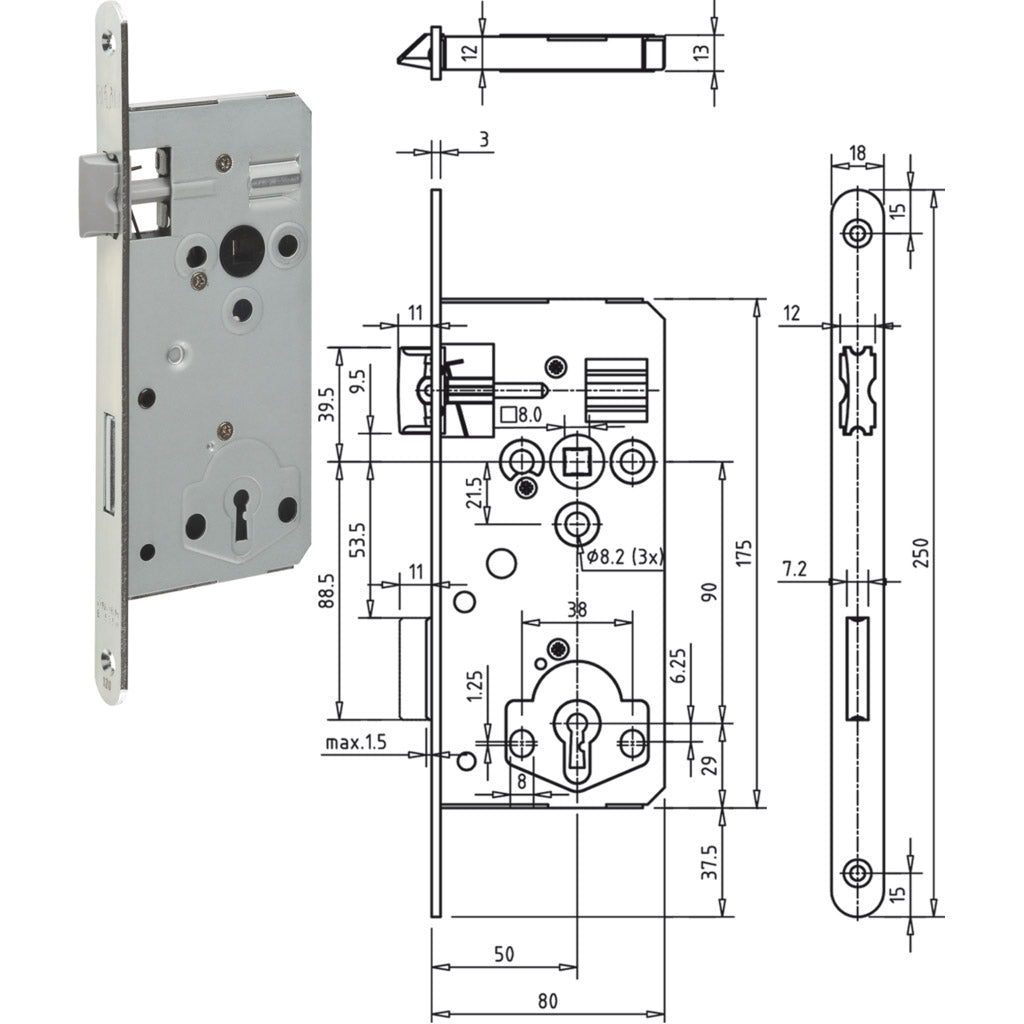 Mortise lock ERGO series decorative silver
