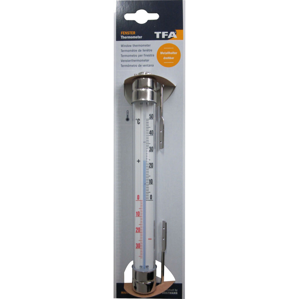 Analogue window thermometer with metal holder