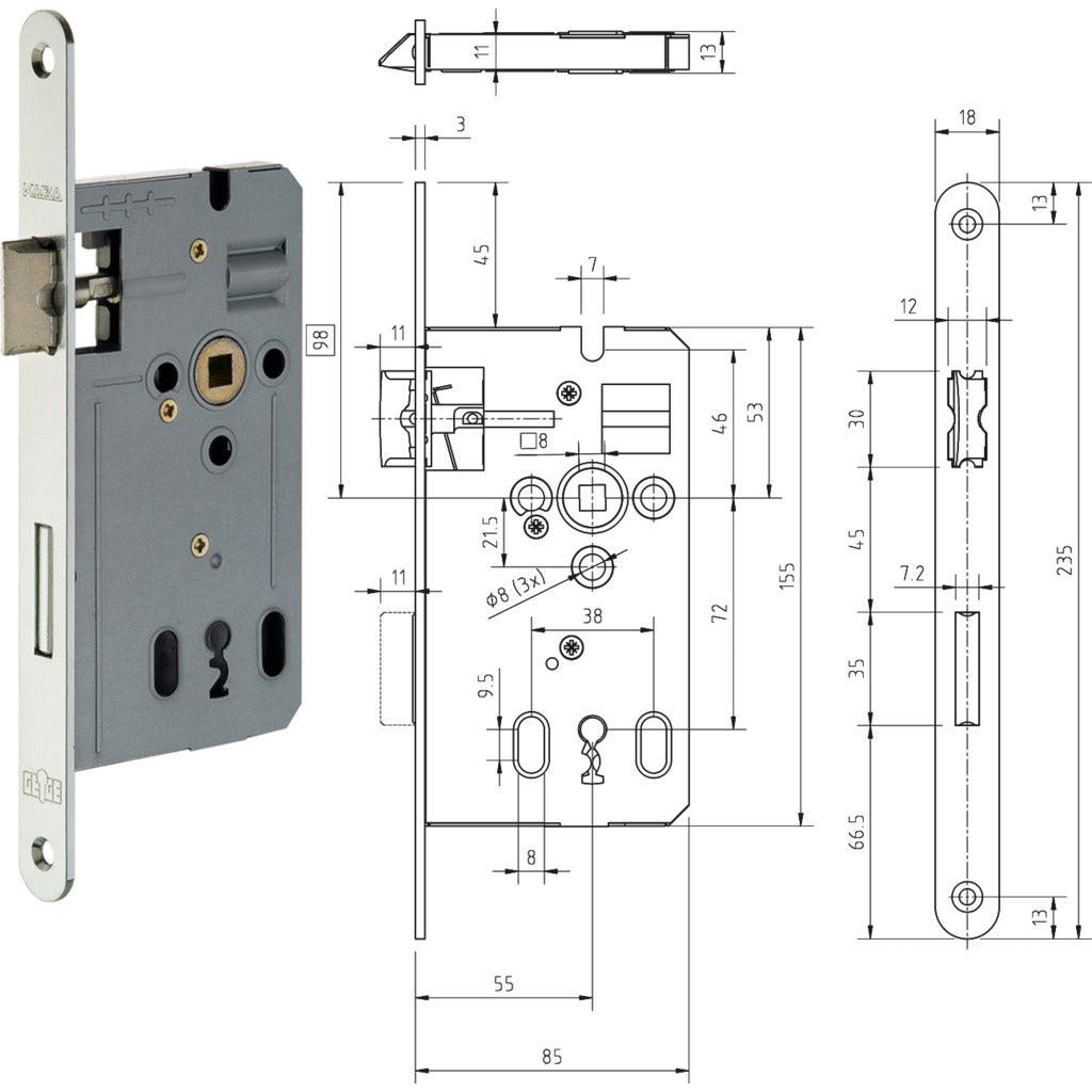 DIN standard mortise lock series 170 decorative silver