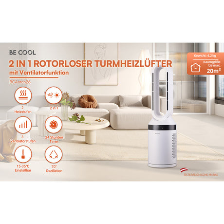 BE COOL Rotorloser 2in1 Turmheizlüfter mit Ventilatorfunktion