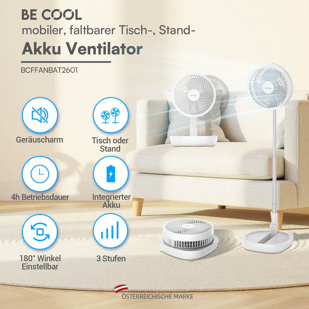 BE COOL Klappventilator mit Akku und Teleskoprohr