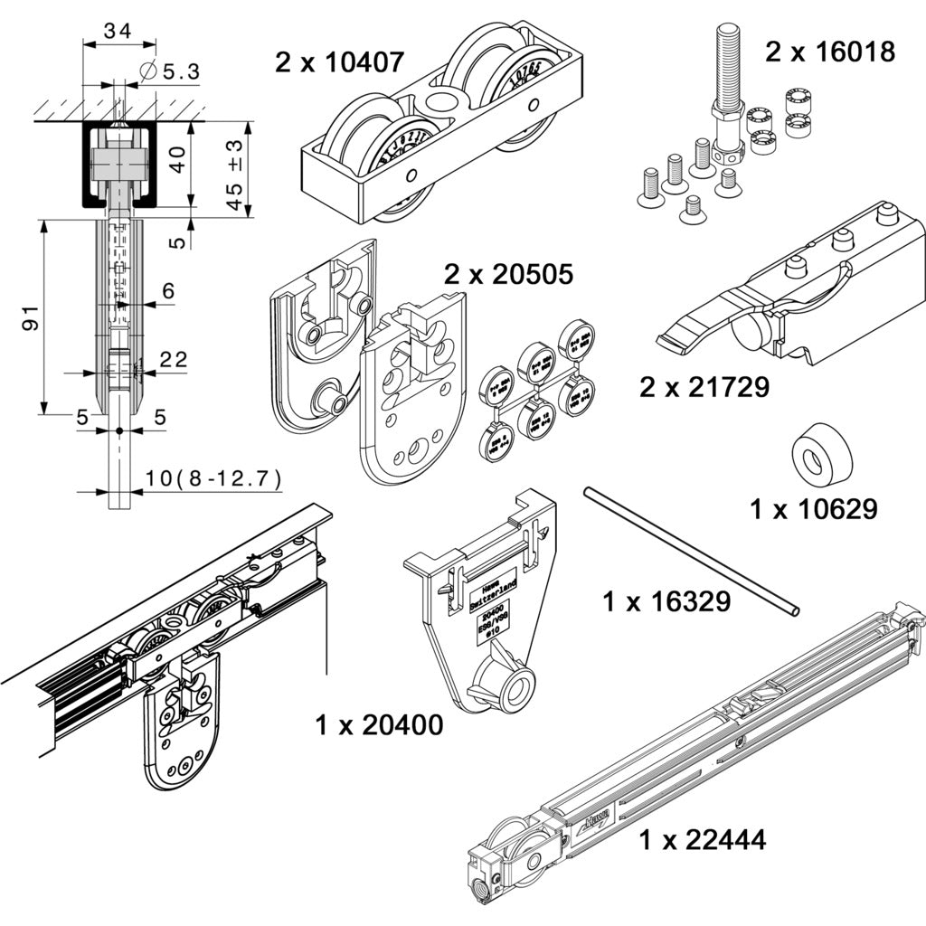 HAWA-Junior 80/GP, Teilgarnitur für 1 Glasschiebetüre