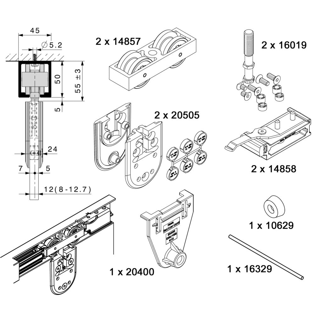 HAWA-Junior 120/GP, Teilgarnitur für 1 Glasschiebetüre